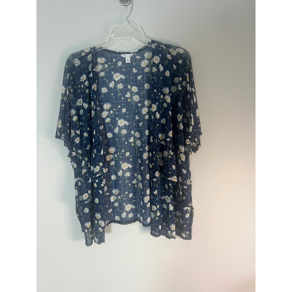 Cato Womens Small Sheer Daisy Floral Kimono Wrap Navy Blue Grid Mesh Cardigan